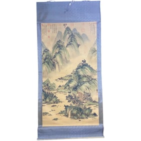 Chinese Watercolour On Silk Mountain River Scene Design Painting