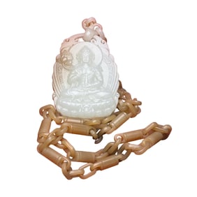 Superb Chinese Hetian Jade Carved Lotus Flower Kwan-yin Pendant w Necklace