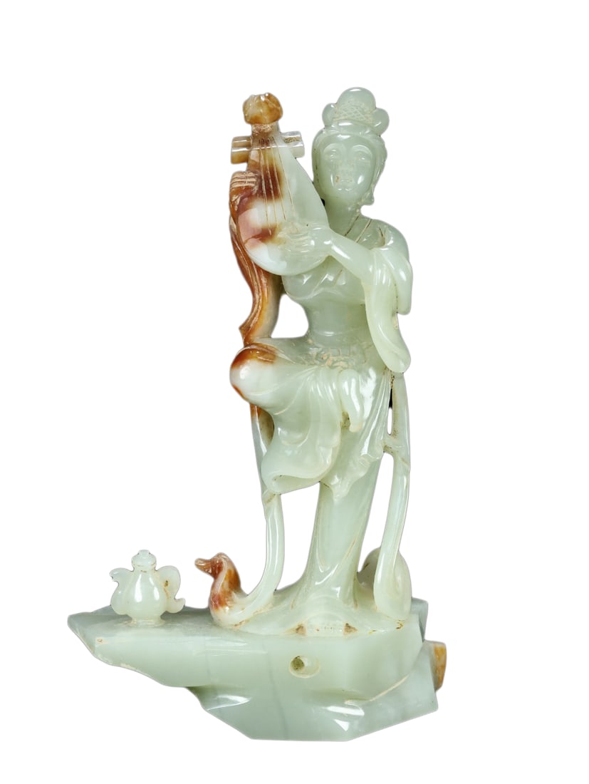 Superb Chinese Hetian Jade Carved Beautiful Woman & Pipa Statue: Superb Chinese Hetian Jade Carved Beautiful Woman & Pipa StatueDimension: 207 x 135 x 62 (mm)8.15 x 5.31 x 2.24 (inches) Weight: 2.00 lbs/ 908.5 g