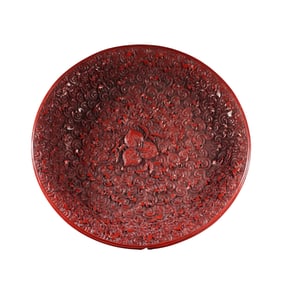 Chinese Red Lacquerware Low Relief Ruyi Peach Design Decorative Dish