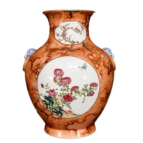 Chinese Gilt Edge Red Glaze Wood Grain Glaze Famille Rose Flowers Design Porcelain Vase