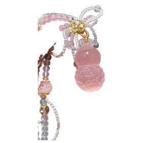 Beautiful Pink Crystal Carved Gourd Pendant w Pearl & Crystal Beads Necklace
