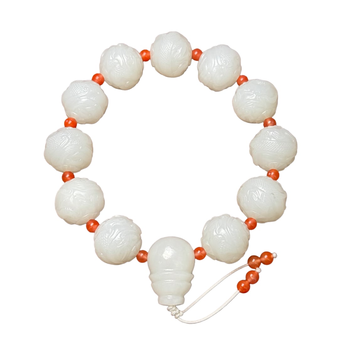 Superb Chinese White Hetian Jade Carved Fortune Dragon Beads Bracelet: Superb Chinese White Hetian Jade Carved Fortune Dragon Beads BraceletDimension: 18 x 17 (mm)0.71 x 0.67 (inches) Weight: 0.22 lbs/ 100 g