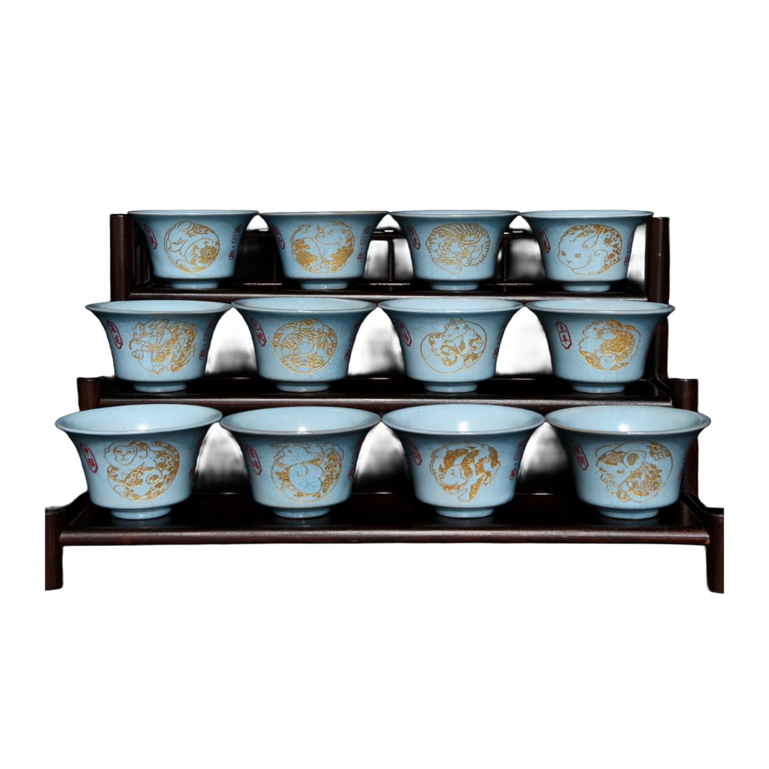 A Set 12 Chinese Gilt Gold Ru Kiln 12 Codiac Porcelain Cups: A Set 12 Chinese Gilt Gold Ru Kiln 12 Codiac Porcelain CupsDimension: 100 x 58 (mm)3.94 x 2.28 (inches)