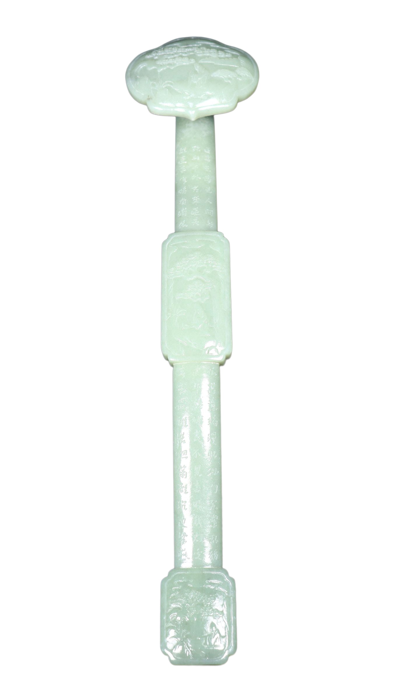 Superb Chinese Hetian Jade Carved Pine Tree & Figure Ruyi Scepter Statue: Superb Chinese Hetian Jade Carved Pine Tree & Figure Ruyi Scepter StatueDimension: 400 x 85 x 45 (mm)15.75 x 3.35 x 1.77 (inches) Weight: 1.28 lbs/ 583 g