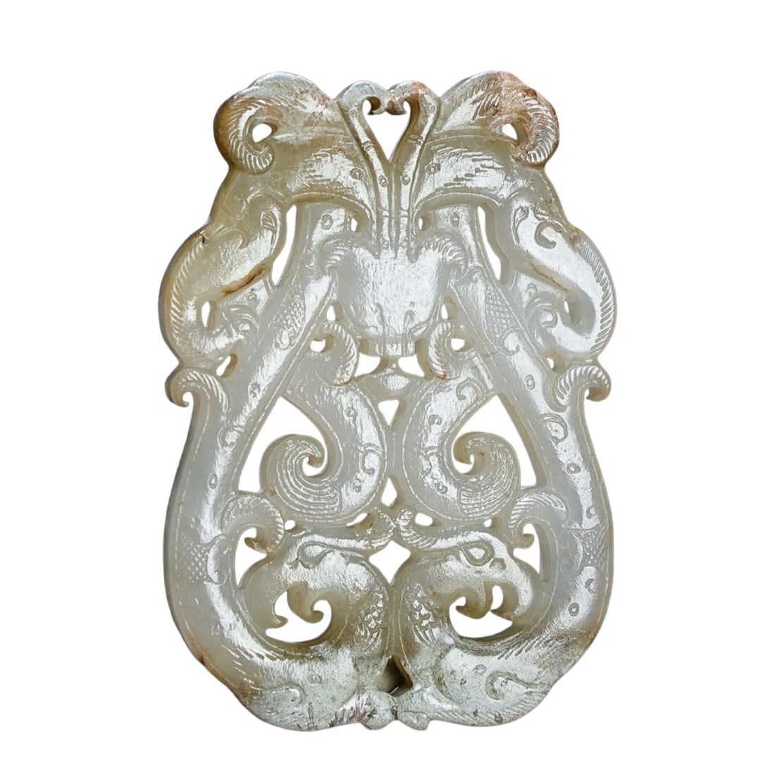 Openwork Chinese Hetian Jade Carved Fortune Dragon Pendant: Openwork Chinese Hetian Jade Carved Fortune Dragon PendantDimension: 67 x 47 x 7 (mm)2.64 x 1.85 x 0.27 (inches) Weight: 0.11 lbs/ 49 g
