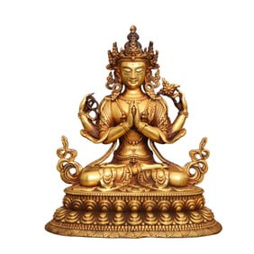 Superb Old Tibetan Gilt Gold Copper Four Arm Kwan-yin Statue