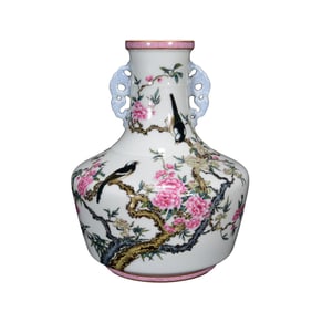 Chinese Qing Dynasty Gilt Edge Famille Rose Flowers Bird Design Porcelain Vase