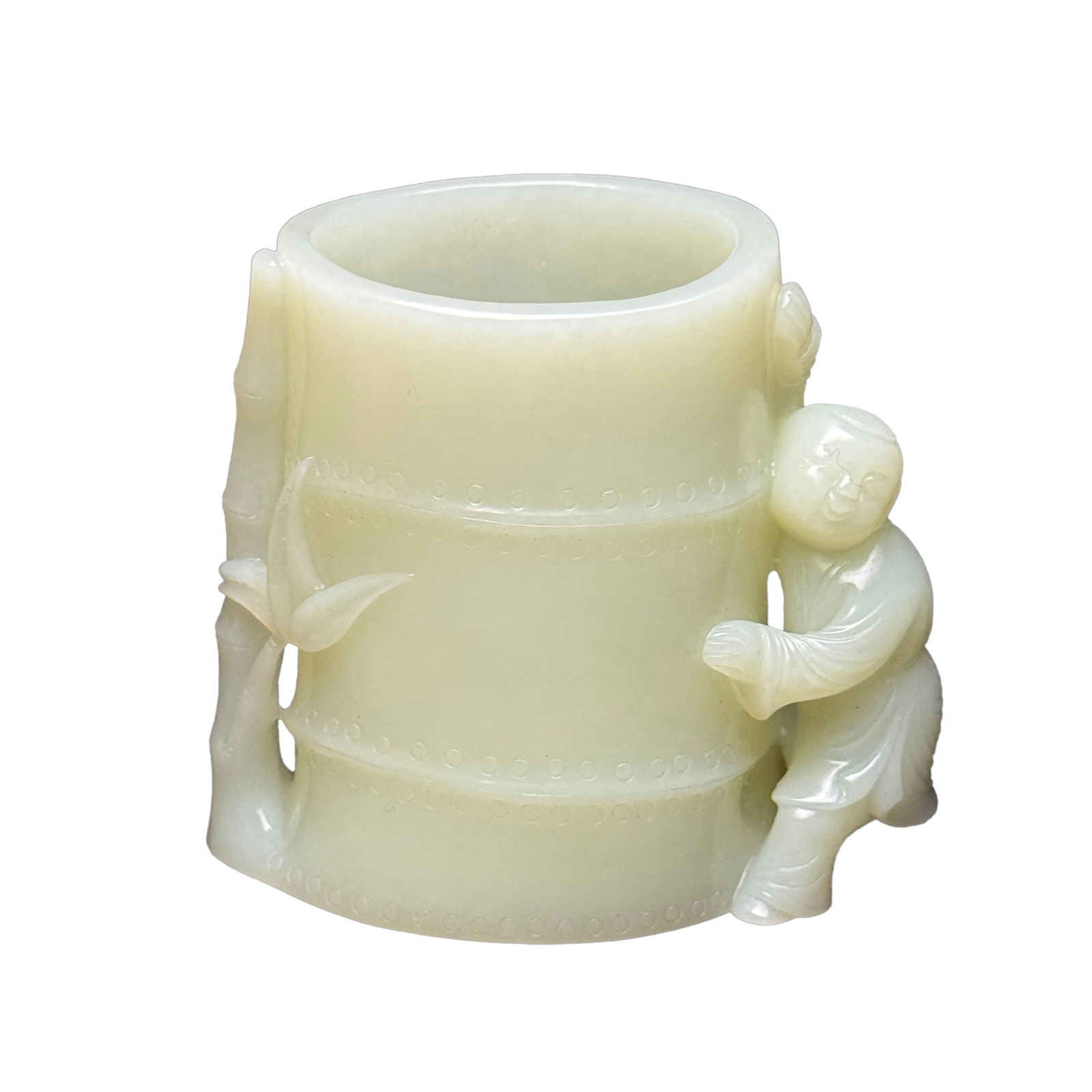 Superb Chinese Hetian Jade Carved Fortune Bamboo & Kid Brush Pot Statue: Superb Chinese Hetian Jade Carved Fortune Bamboo & Kid Brush Pot StatueDimension: 95 x 86 x 52 (mm)3.74 x 3.38 x 2.05 (inches) Weight: 0.76 lbs/ 343 g