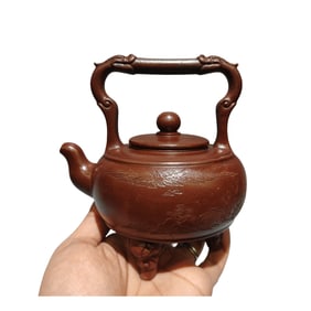 Chinese Yixing Zisha Clay Handle Teapot w Artist Signed