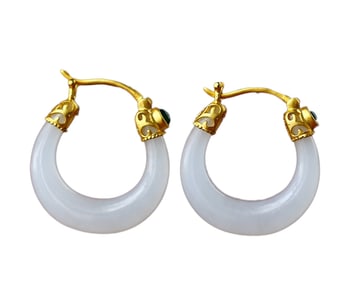 A Pair Exquisite Chinese 18K Gold Inlay White Hetian Jade Earring