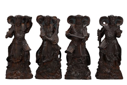 A Set Vintage Chinese Chenxiang Wood Carved Four Heavenly Kings Statue