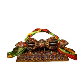 Old Tibetan Gilt Gold Copper Inlay DZI Agate & Turquoise & Lapis Lazuli Pestle Xiangmo Statue