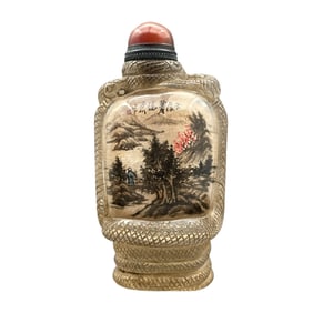 Old Chinese Peking Glass Inside Painting Mountain River Scene Design Snuff Bottle w Stopper