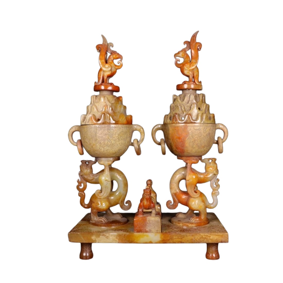 A Pair Superb Vintage Chinese Hetian Jade Carved Dragon Phoenix Incense Burner: A Pair Superb Vintage Chinese Hetian Jade Carved Dragon Phoenix Incense Burner Dimension: 270 x 175 x 115 (mm)10.63 x 6.89 x 4.53 (inches) Weight: 3.99 lbs/ 1810 g
