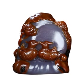 Chinese Agate Carved Mandarin Ducks & Lotus Flower Statue