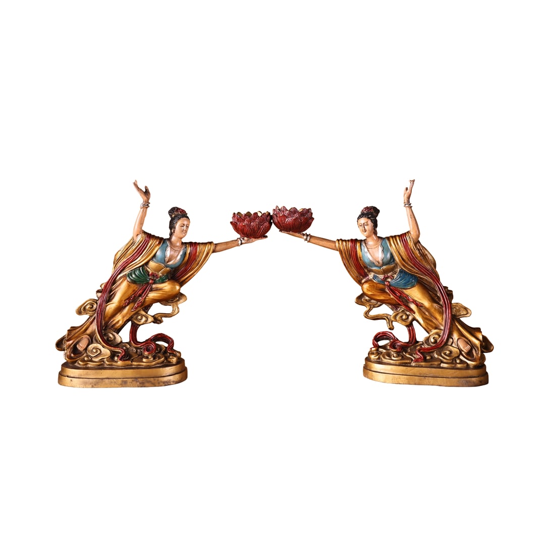 A Pair Chinese Gilt Gold Copper Colored Drawing Feitian Female Deity Oil Lamp: A Pair Chinese Gilt Gold Copper Colored Drawing Feitian Female Deity Oil Lamp Dimension: 230 x 230 (mm) 9.05 x 9.05 (inches) Single Weight: 3.31 lbs/ 1500 g