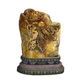 Superb Vintage Chinese Tianhuang Stone Carved Fortune Dragon Seal Statue