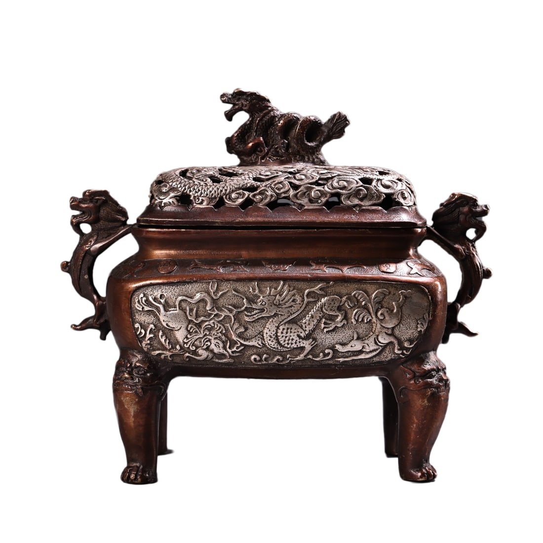 Vintage Chinese Copper Fortune Dragon Incense Burner: Vintage Chinese Copper Fortune Dragon Incense BurnerDimension: 170 x 170 (mm) 6.69 x 6.69 (inches) Weight: 1.72 lbs/ 780 g