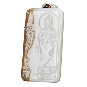 Superb Chinese Hetian Jade Low Relief Kwan-yin Pendant w Certificate