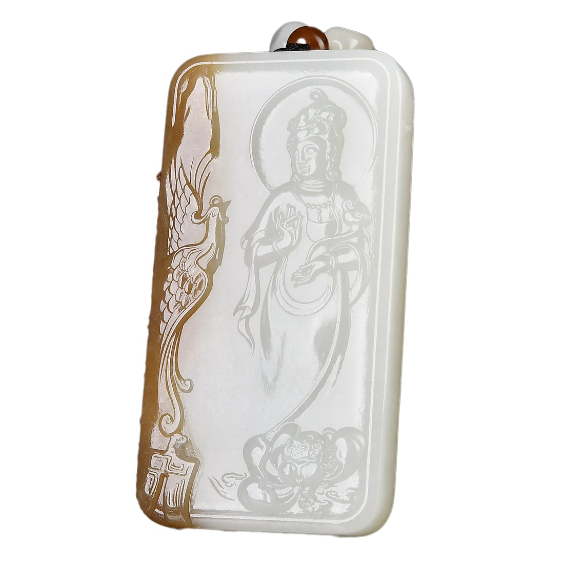 Superb Chinese Hetian Jade Low Relief Kwan-yin Pendant w Certificate: Superb Chinese Hetian Jade Low Relief Kwan-yin Pendant w CertificateDimension: 70 x 37 x 11 (mm)2.75 x 1.46 x 0.43 (inches) Weight: 0.25 lbs/ 72.47 g