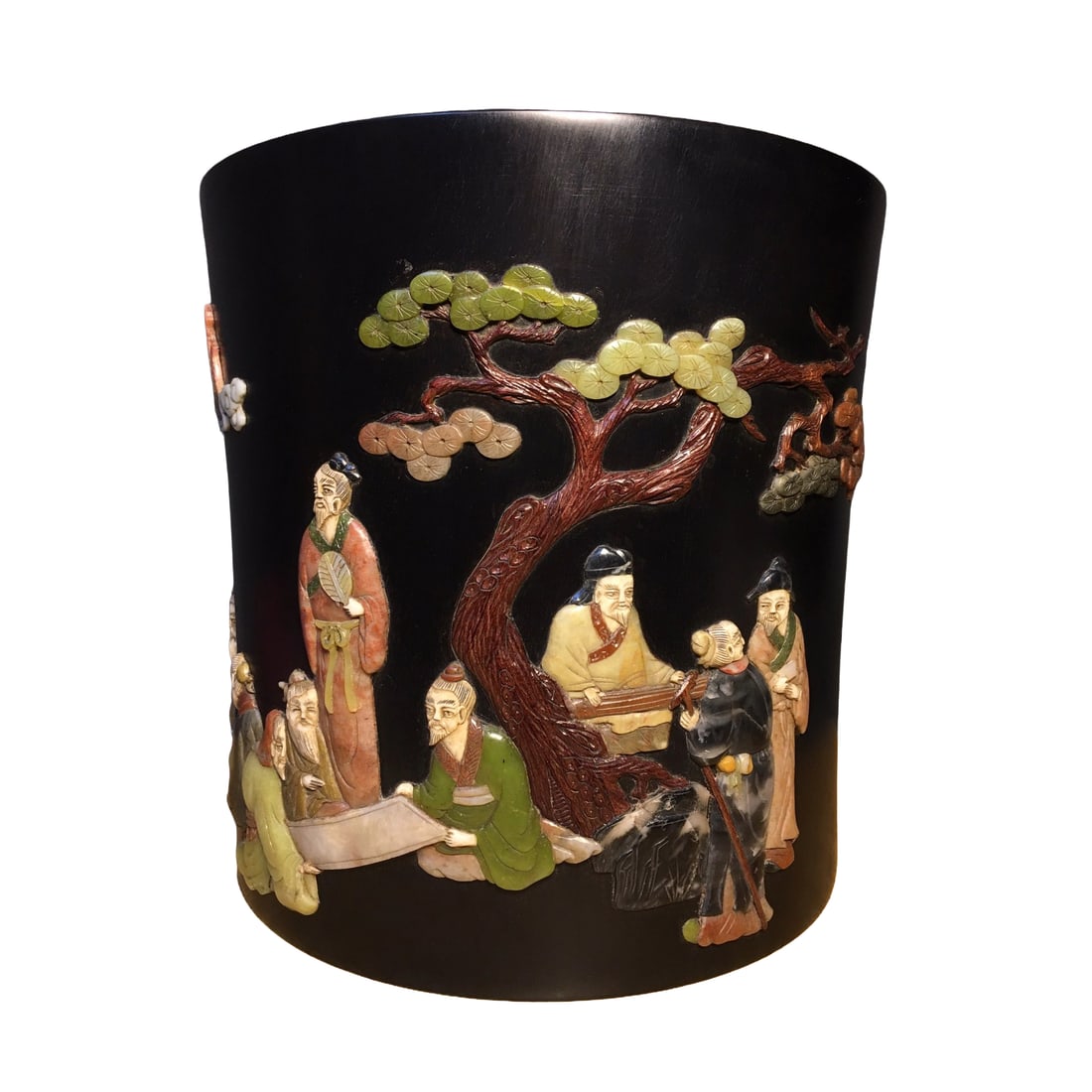 Vintage Chinese Zitan Wood Inlay Shoushan Stone Sages Meeting Design Brush Pot: Vintage Chinese Zitan Wood Inlay Shoushan Stone Sages Meeting Design Brush PotDimension: 270 x 270 (mm) 10.63 x 10.63 (inches) Weight: 15.43 lbs/ 7000 g