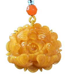 Exquisite Beeswax Carved Peony Pendant w Hand Woven Beads Necklace