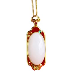 Exquisite Chinese 18K Gold Inlay White Hetian Jade Carved Lucky Pendant