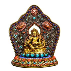 Old Tibetan Gilt Gold Copper Yellow Jambhala Statue w Silver Wires Inlay DZI Agate & Turquoise Base