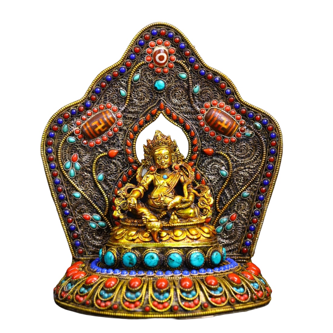 Old Tibetan Gilt Gold Copper Yellow Jambhala Statue w Silver Wires Inlay DZI Agate & Turquoise Base: Old Tibetan Gilt Gold Copper Yellow Jambhala Statue w Silver Wires Inlay DZI Agate & Turquoise BaseDimension: 195 x 170 (mm) 7.68 x 6.69 (inches) Weight: 1.59 lbs/ 720 g