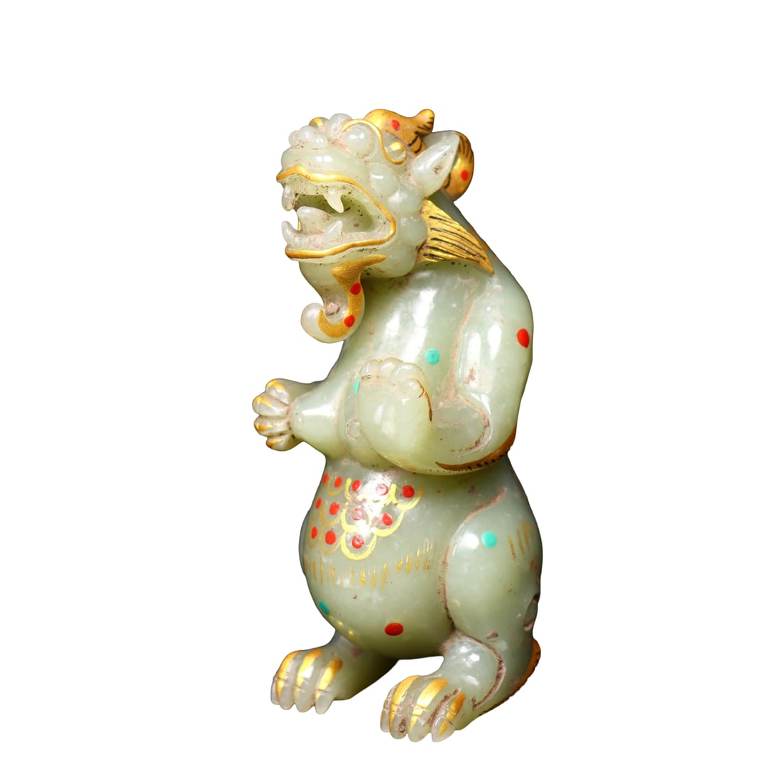 Chinese Gilt Gold Colored Drawing Hetian Jade Carved Fortune Beast Statue: Chinese Gilt Gold Colored Drawing Hetian Jade Carved Fortune Beast StatueDimension: 105 x 45 x 45 (mm)4.13 x 1.77 x 1.77 (inches) Weight:0.51 lbs/ 233 g