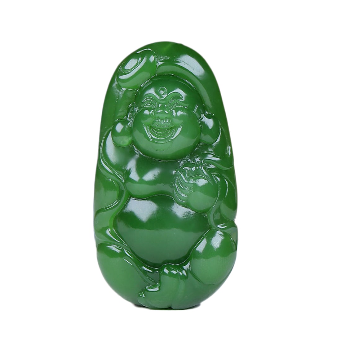 Superb Chinese Green Hetian Jade Carved Laughing Buddha Pendant: Superb Chinese Green Hetian Jade Carved Laughing Buddha PendantDimension: 52 x 29 x 9 (mm)2.05 x 1.14 x 0.35 (inches) Weight:0.06 lbs/ 26 g