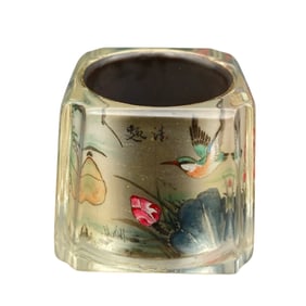 Old Chinese Peking Glass Inside Painting Lotus Leaf & Lotus Flower Design Thumb Ring