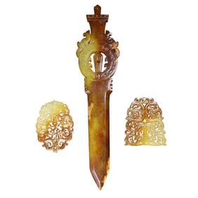 Superb Vintage Chinese Hetian Jade Carved Dragon Jade Bi Pendant w Sword