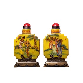 A Pair Chinese Yellow Peking Glass Eight Taoism Deity Design Snuff Bottle