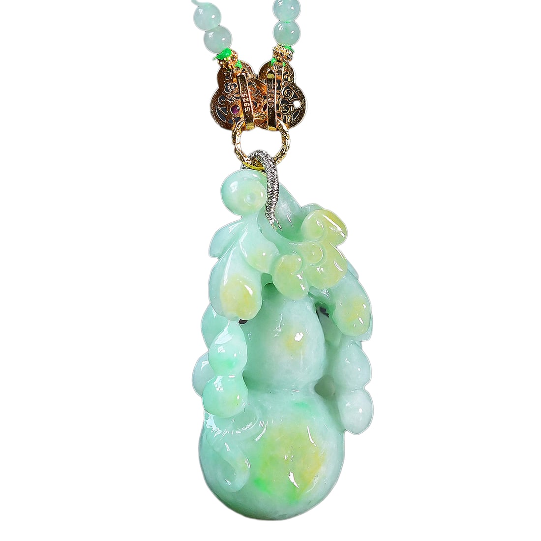 Exquisite Jadeite Carved Gourd Pendant w Hand Woven Jadeite Beads Necklace: Exquisite Jadeite Carved Gourd Pendant w Hand Woven Jadeite Beads NecklaceDimension: 47 x 23 x 15 (mm) 1.85 x 0.90 x 0.59 (inches)