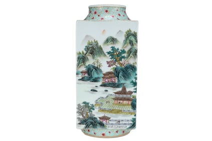 Chinese Qing Dynasty Gilt Edge Famille Rose Mountain River Scene Design Porcelain Vase
