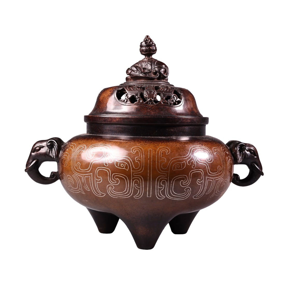 Vintage Chinese Copper Inlay Silver Wires Fortune Elephant Incense Burner: Vintage Chinese Copper Inlay Silver Wires Fortune Elephant Incense BurnerDimension: 220 x 180 (mm) 8.66 x 7.09 (inches) Weight: 7.05 lbs/ 3200 g