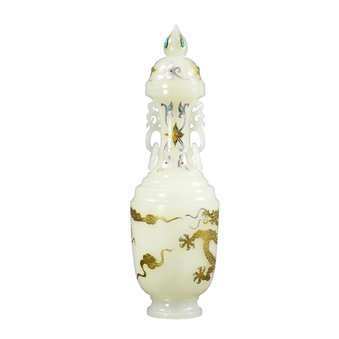 Superb Chinese Silver Plated Gilt Gold Hetian Jade Vase: Superb Chinese Silver Plated Gilt Gold Hetian Jade VaseDimension: 185 x 50 (mm) 7.28 x 1.97 (inches) Weight:0.50 lbs/ 227 g