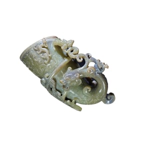 Superb Vintage Chinese Hetian Jade High Relief Fortune Dragon Cup Statue
