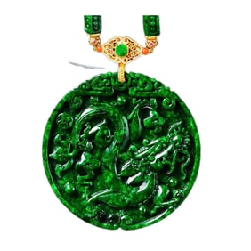 Exquisite Green Jadeite Carved Fortune Dragon Pendant w Hand Woven Jadeite Beads Necklace