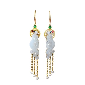 A Pair Exquisite Chinese 18K Gold Inlay White Hetian Jade Earring