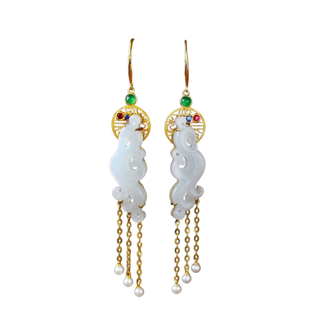 A Pair Exquisite Chinese 18K Gold Inlay White Hetian Jade Earring: A Pair Exquisite Chinese 18K Gold Inlay White Hetian Jade EarringDimension: 60 x 9 (mm) 2.36 x 0.35 (inches)Weight: 0.01 lbs/ 4.8 g