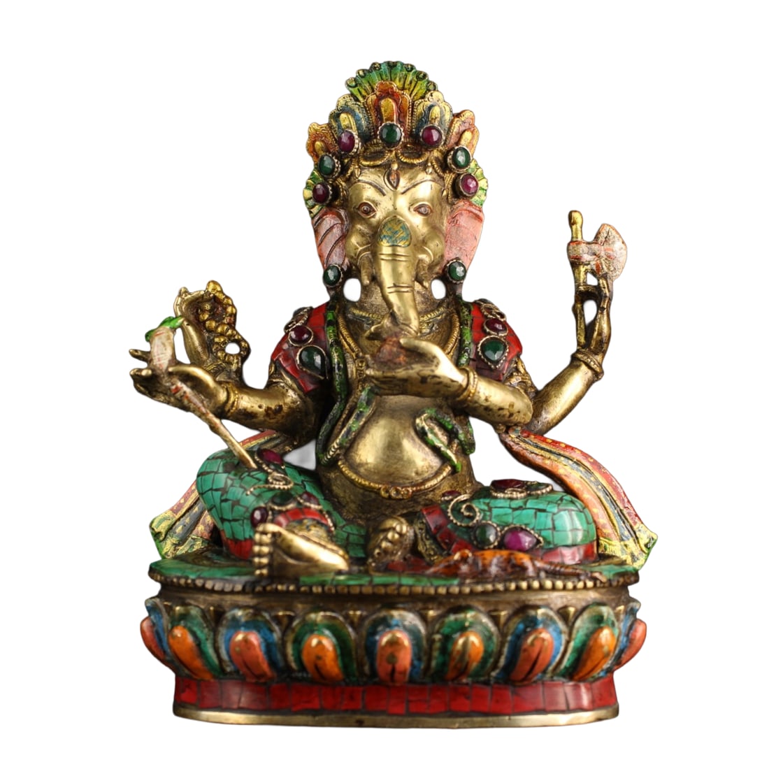 Tibetan Buddhism Gilt Gold Copper Inlay Turquoise & Gems Ganesha Buddha Statue: Tibetan Buddhism Gilt Gold Copper Inlay Turquoise & Gems Ganesha Buddha Statue Dimension: 230 x 175 (mm) 9.05 x 6.89 (inches) Weight: 5.55 lbs/ 2517 g
