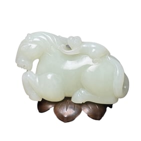 Superb Chinese Hetian Jade Carved Horse & Monkey Statue