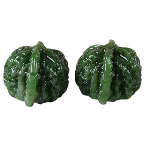 A Pair Chinese Green Hetian Jade Carved Walnut Statue w Certificate