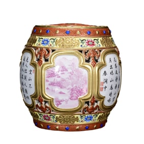 Chinese Qing Dynasty Gilt Gold Famille Rose Enamel Mountain River Scene Design Porcelain Pot Statue