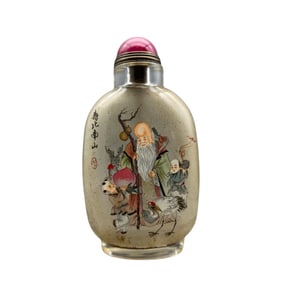 Old Chinese Peking Glass Inside Painting Longevity Taoism Deity Design Snuff Bottle w Stopper