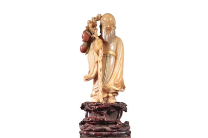 Vintage Chinese Shoushan Stone Carved Longevity Taoism Deity Statue