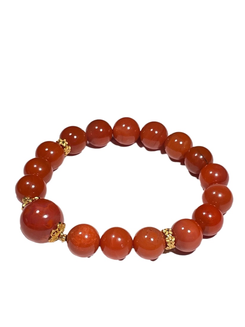 Hand Woven Chinese Nanhong Agate Beads Bracelet: Hand Woven Chinese Nanhong Agate Beads BraceletDimension: 14.5 (mm) 0.57 (inches) Dimension: 10 (mm) 0.39 (inches)